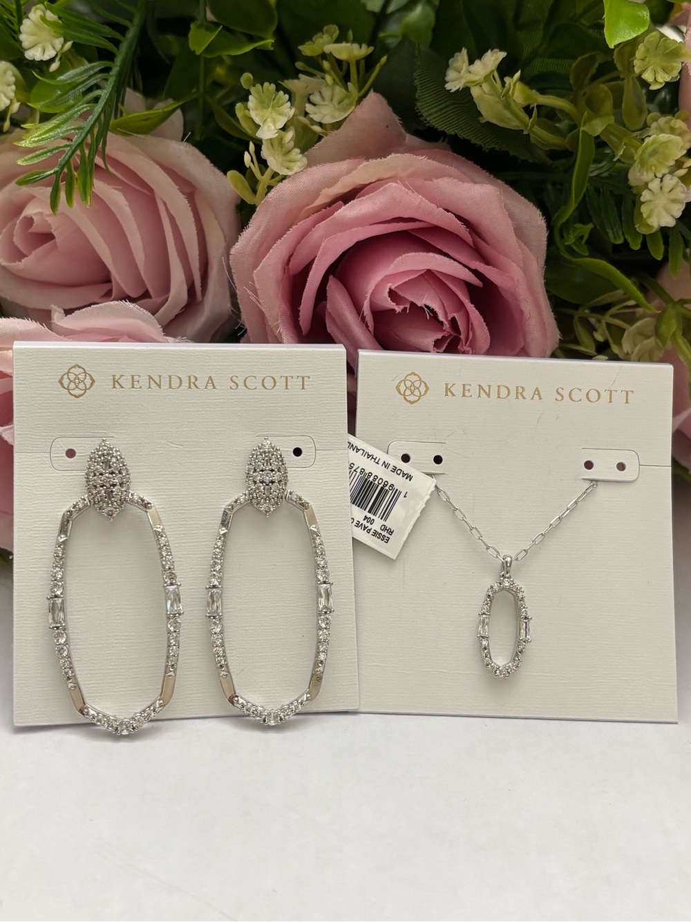 NWT Kendra Scott set of Essie Open Frame Earrings + necklace in silver White CZ